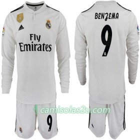 Camisolas de Futebol Real Madrid BENZEMA 11 Criança Equipamento Principal 2018/19 Manga Comprida